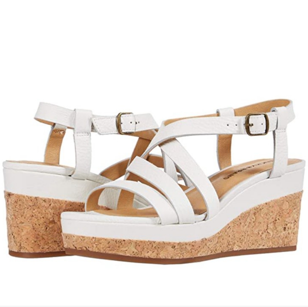 Lucky Brand White Leather Cork Wedge Sandals